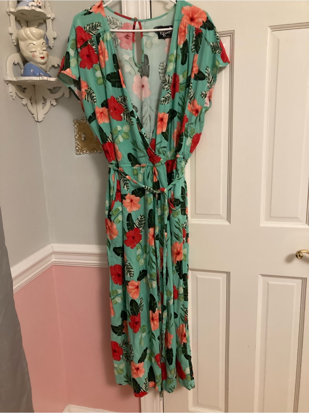 Floral Wrap Maxi Dress - Aqua with Red & Pink Flowers UK 3XL
